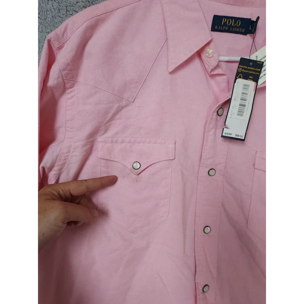 NEW Polo Ralph Lauren Shirt Men Large Western Pearl Snap Oxford Long Sleeve Pink